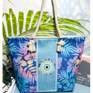 Grand Sac de Plage Floral Bleu